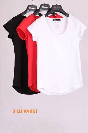 Kadın Beyaz Siyah Kırmızı V Yaka Cep Detaylı Slim Fit Pamuk T-shirt - 3'lü Paket AC.1753