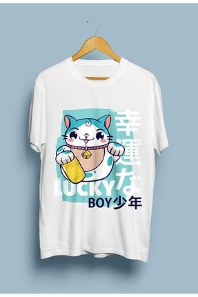Unisex Beyaz Sevimli Japonca Yazılı Baskılo Tshirt KRG0190