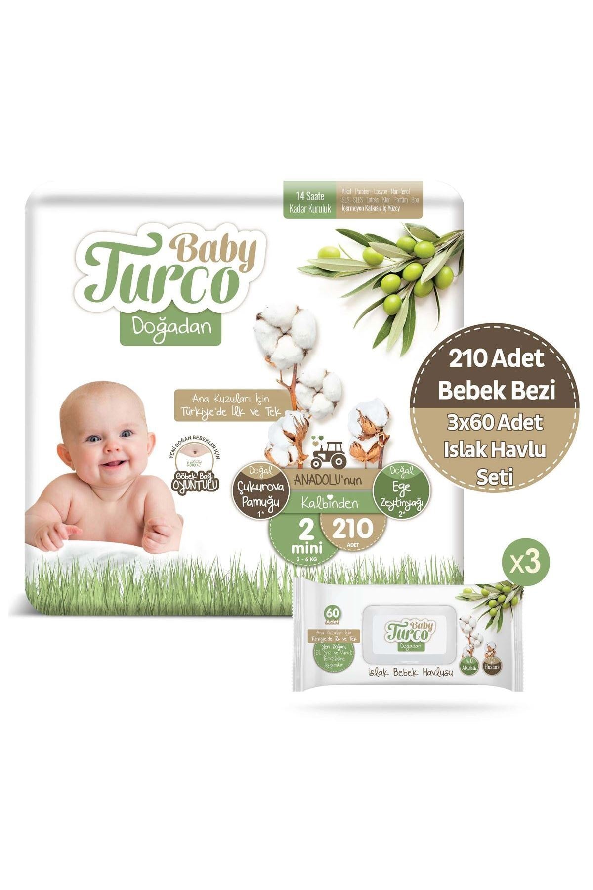 Baby Turco Doğadan 2 Numara Mini 210 Adet + 3x60 Doğadan Islak Havlu Hediyeli