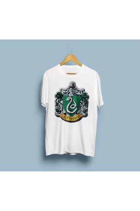 Unisex Beyaz Harry Potter Slytherin Tasarım Baskılı Tişört KRG0146