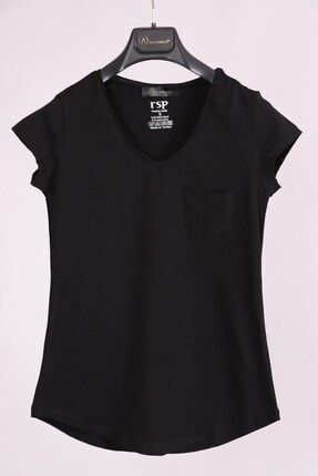 Kadın Siyah V Yaka Cep Detaylı Yarım Kollu Slim Fit Pamuk T-shirt AC.1742