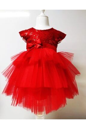 Kız Çocuk Kırmızı Tüllü Pul Payetli Parti Elbisesi 12100