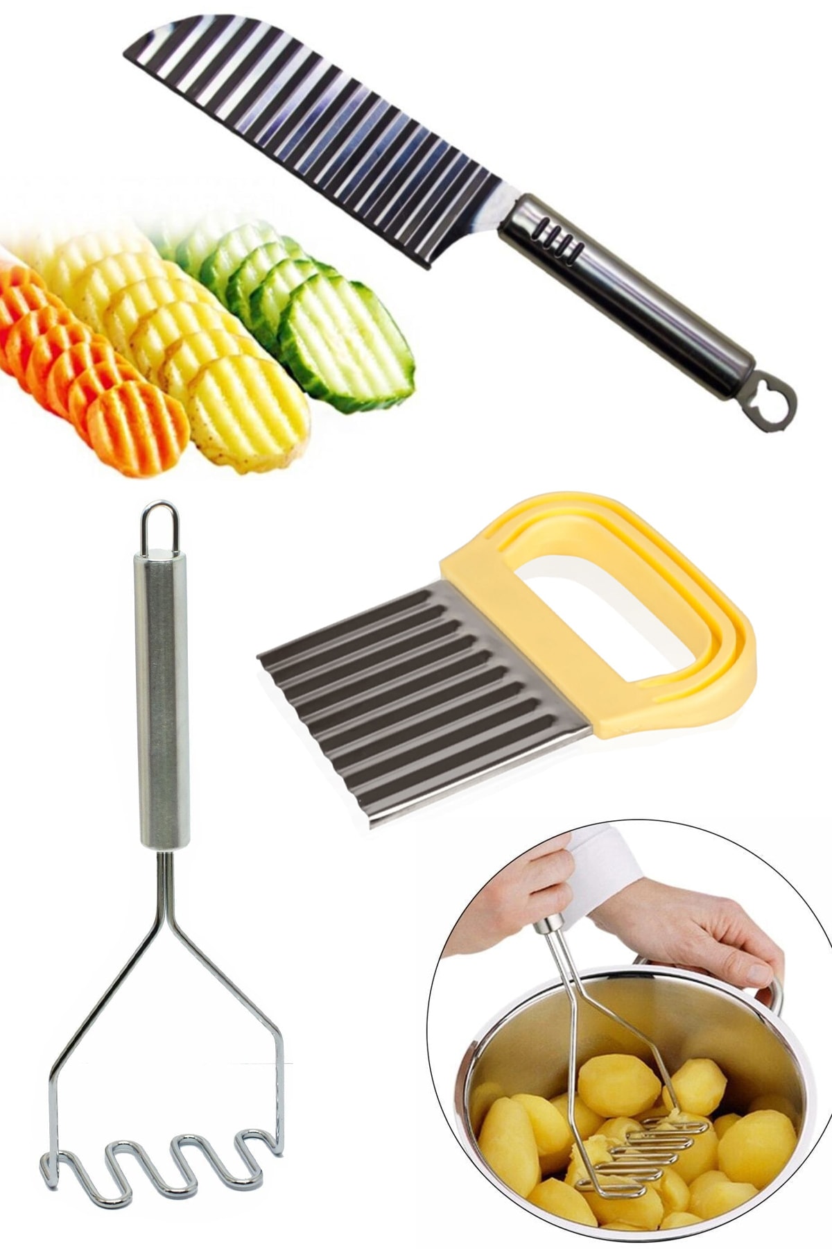Shaped Potato Knife + Metal Potato Crusher + Fruit Vegetable Chopping Slicing Chips Knife