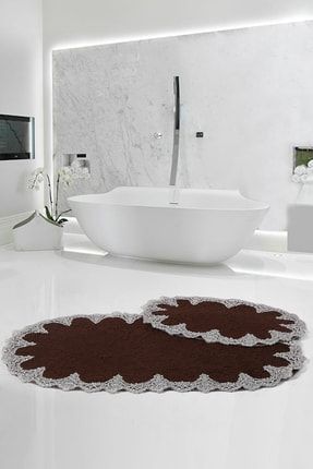 Peluş Lux Oval Acı Kahve 2'li Çeyizlik Fransız Güpürlü Klozet Takımı Banyo Paspası Seti BnyluksOval2li