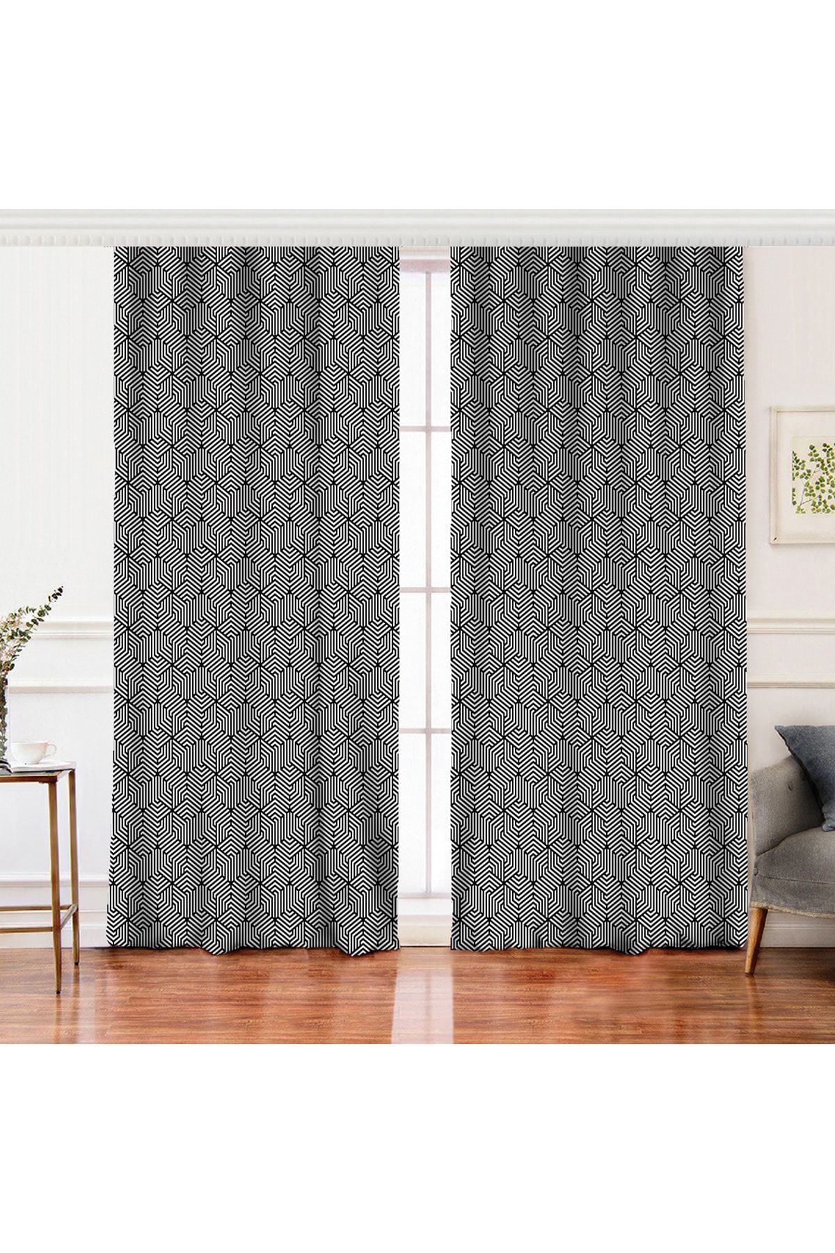 Realhomes Perdeau De Fundal Imprimat Digital Alb-negru Cu Aripă Dublă Cu Desen Geometric - 140 x 200