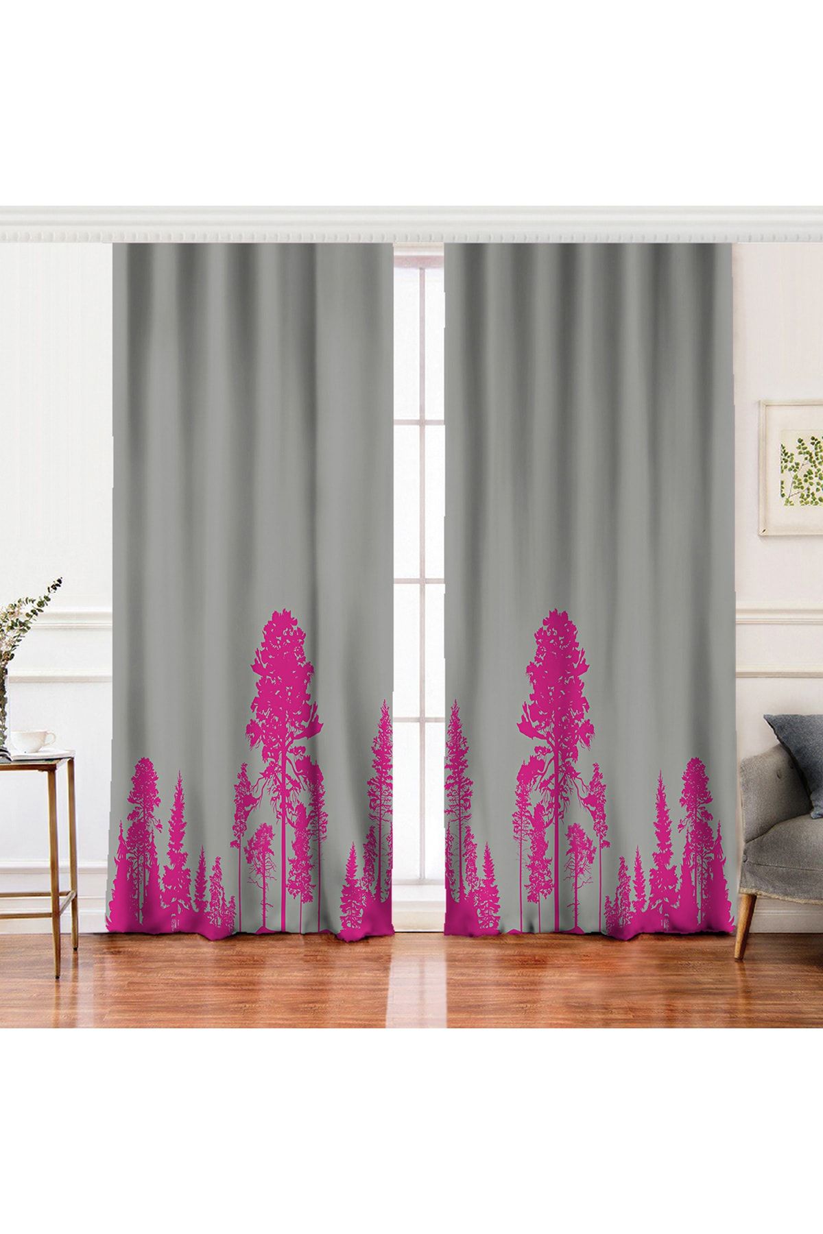 Realhomes Perdeau De Fundal Imprimat Digital Cu Design De Arbore Fucsia Pe Fundal Gri Cu Aripi Duble - 140 x 200
