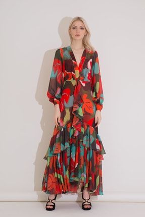 Desenli Karışık Renkli V Yaka Uzun Şifon Elbise M0YM5B0331UVA