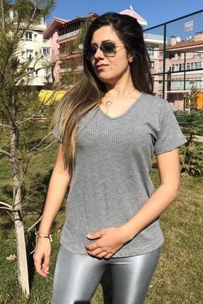 Kadın Gri Şeritli Yırtmaçlı T-Shirt wzbad-006
