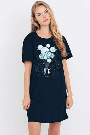 Kadın Lacivert Balon Gezegenler Kısa Kollu Penye T-shirt Elbise 1M1DW237AL