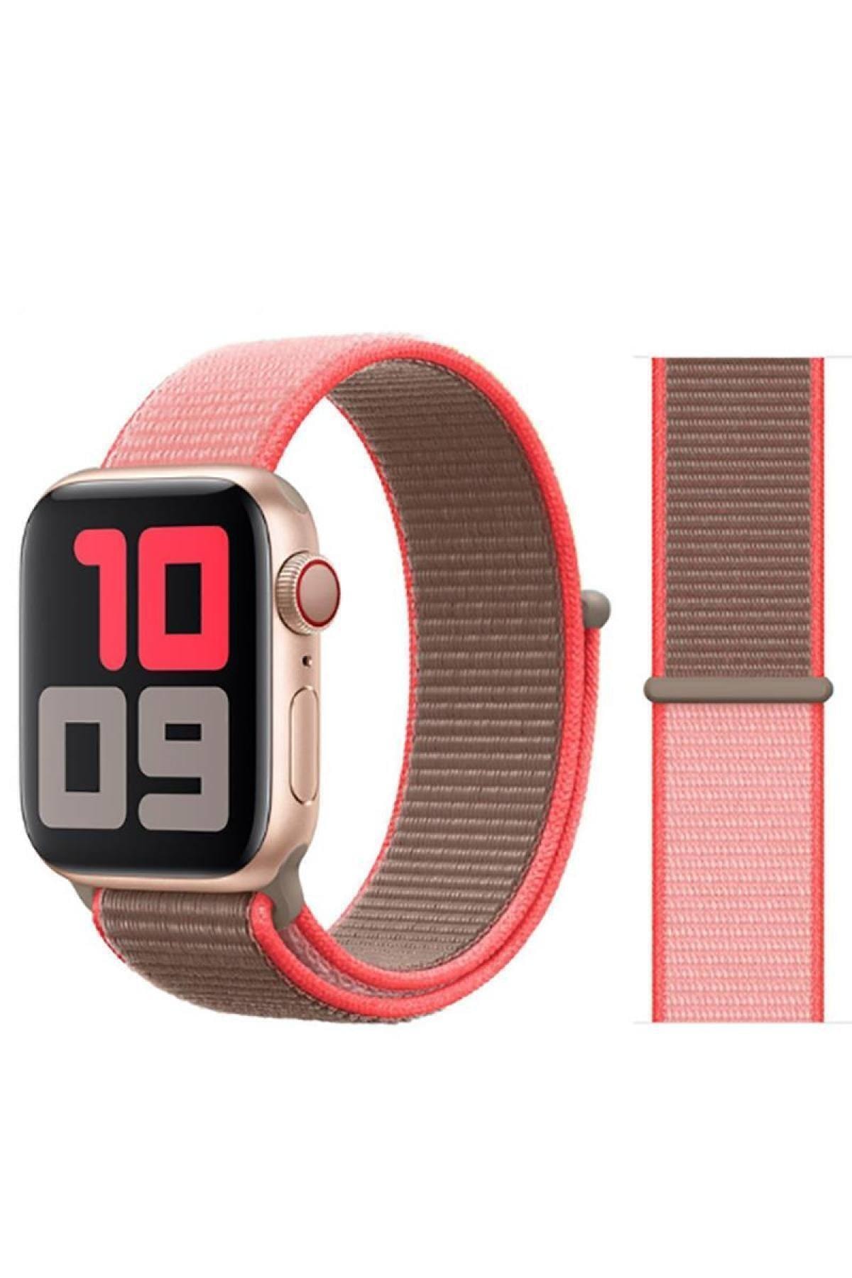 Apple Watch Uyumlu 38 Mm Kordon Renkli Hafif Örgülü Hasır Kordon - Pembe Bej