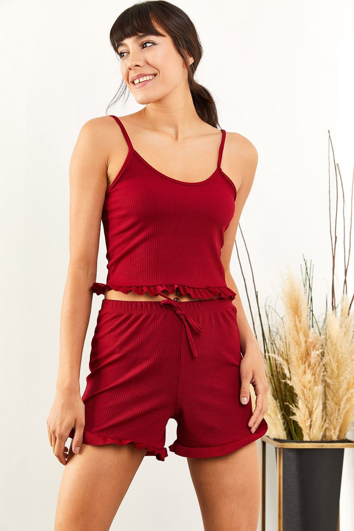 Olalook-Set pijamale cu bretele bordeaux pentru femei TKM-19000076 2