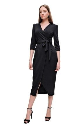 Kadın Siyah Kruvaze Yaka Elbise 21-1YB0038