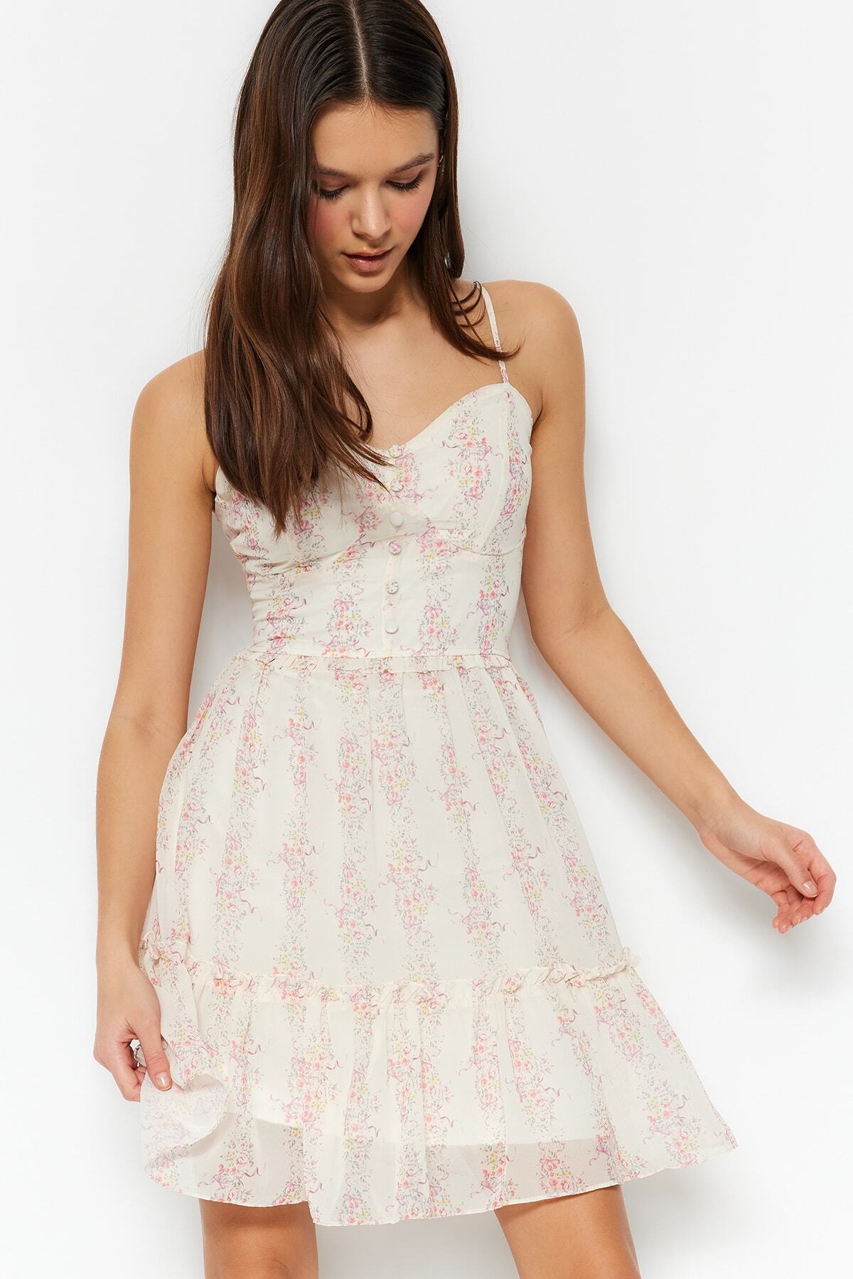 Trendyolmilla  Beyaz Çiçek Desenli Belden Açılan V Yaka Mini Astarlı Şifon Dokuma Elbise TWOSS23EL01782 - Görsel 9