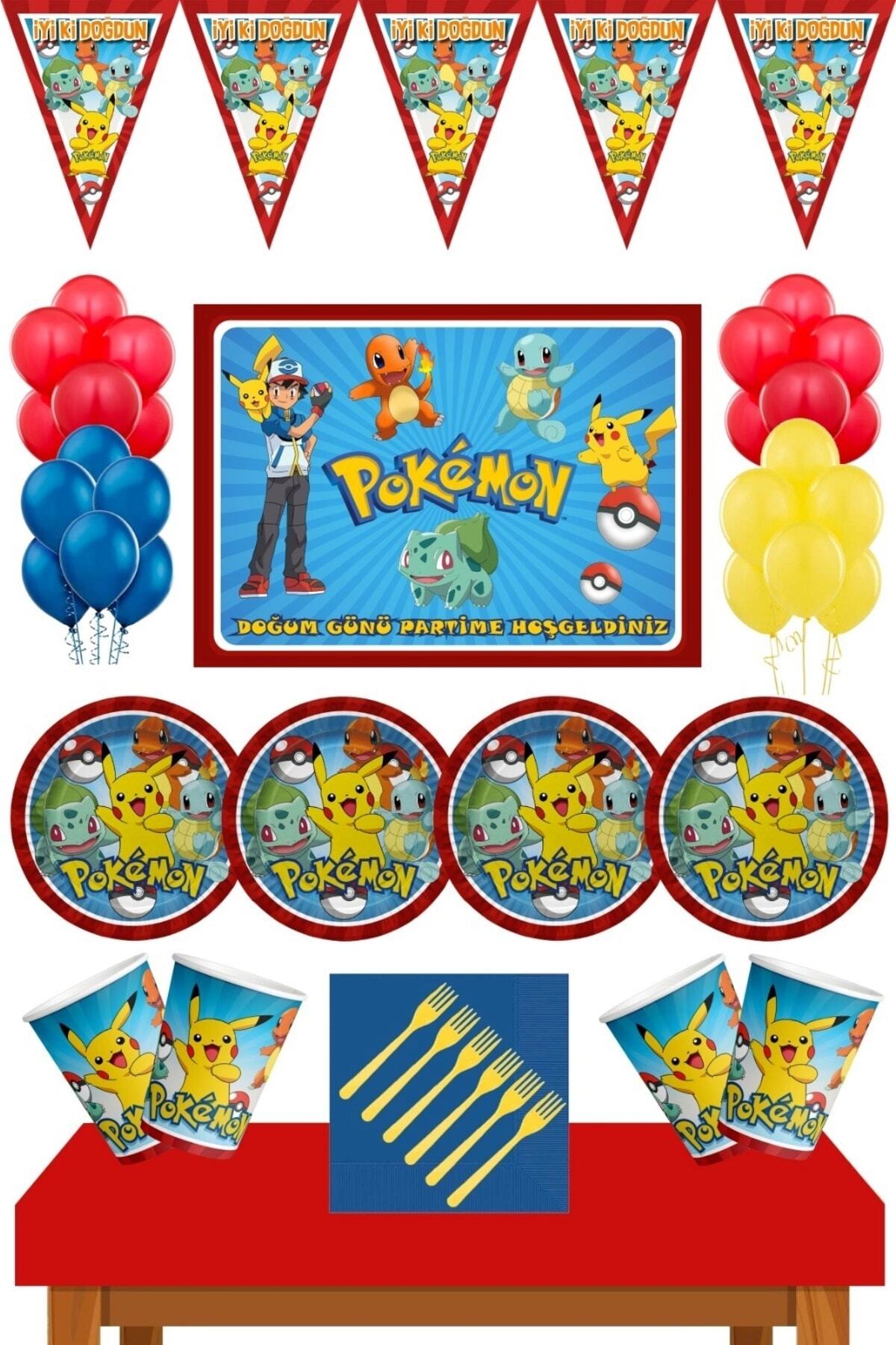 Parti Furyası Pokemon Pikachu Doğum Günü Konsepti 8 Kişilik Pokemon Doğum Günü Seti Ekonomik