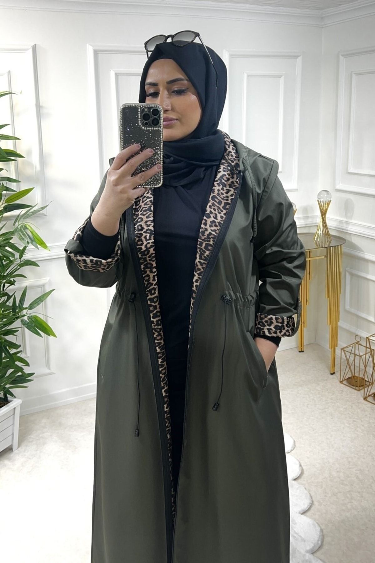 Aşkı Endam-Large Size Setenay Full Length Double Arm Trench with Leopard Inside - Khaki 4
