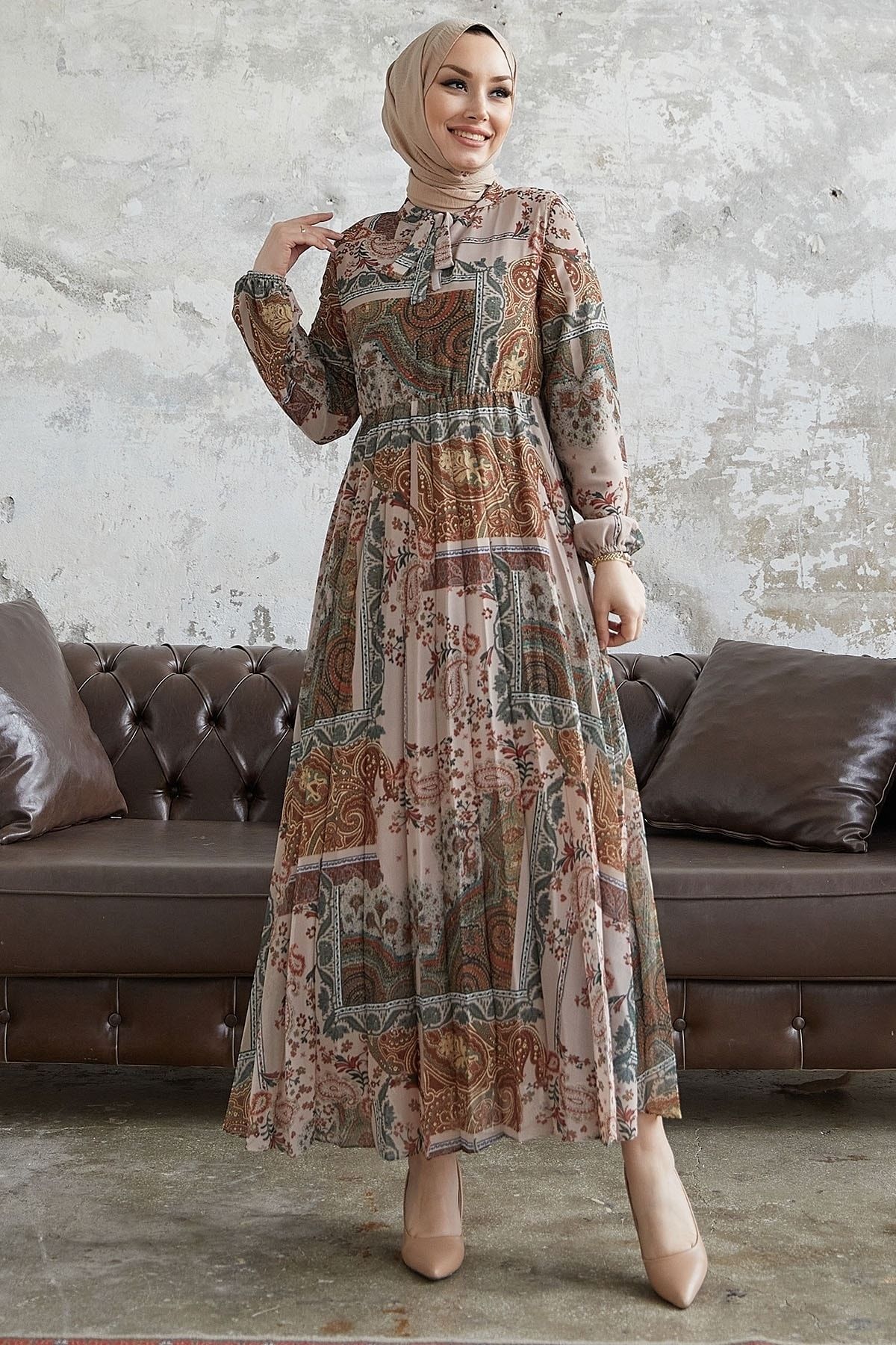 InStyle-Viera Shawl Patterned Belted Collar Chiffon Dress - Beige 4