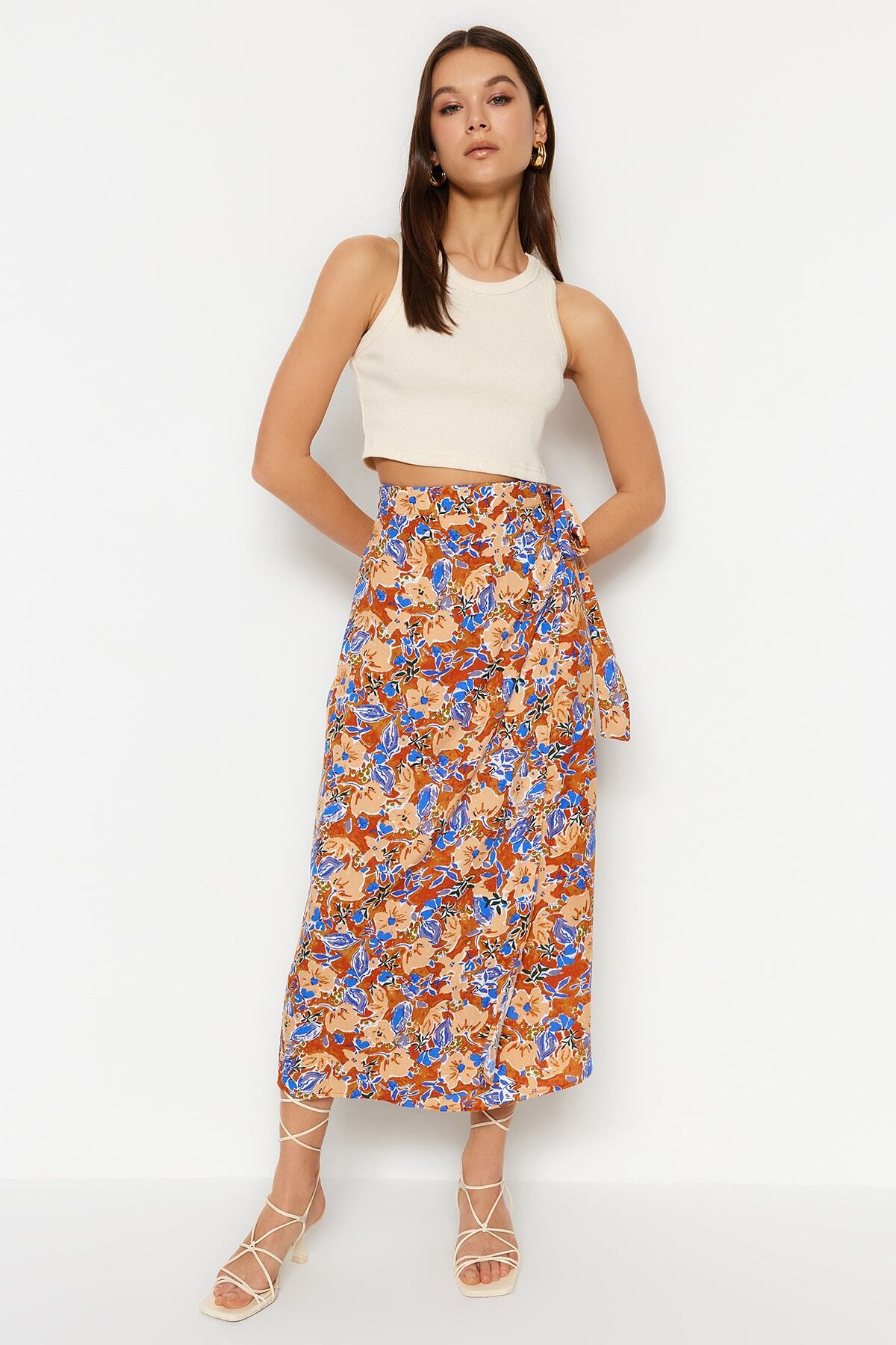 Trendyol Collection-Vícebarevná viskózová tkanina s květinovým vzorem Midi tkaná sukně TWOSS23ET00294 3