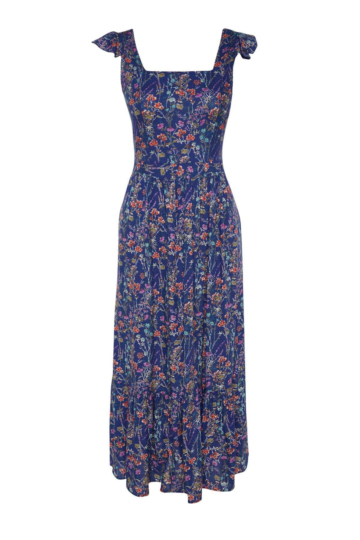 Trendyol Collection-Modrý květinový potisk čtvercový límec A-line viskózové midi tkané šaty TWOSS20EL3331 6