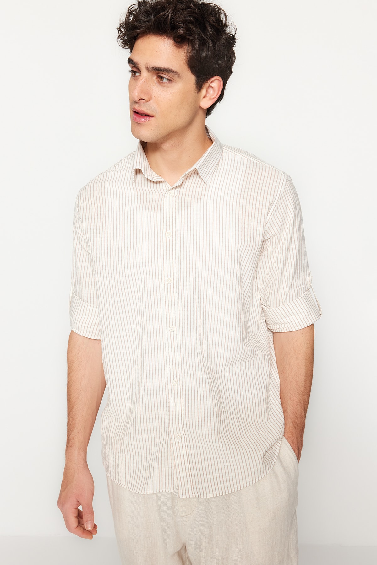 Trendyolmilla  Camel Regular Fit Keten Karışımlı Çizgili Gömlek TMNSS23GO00134 - Görsel 3