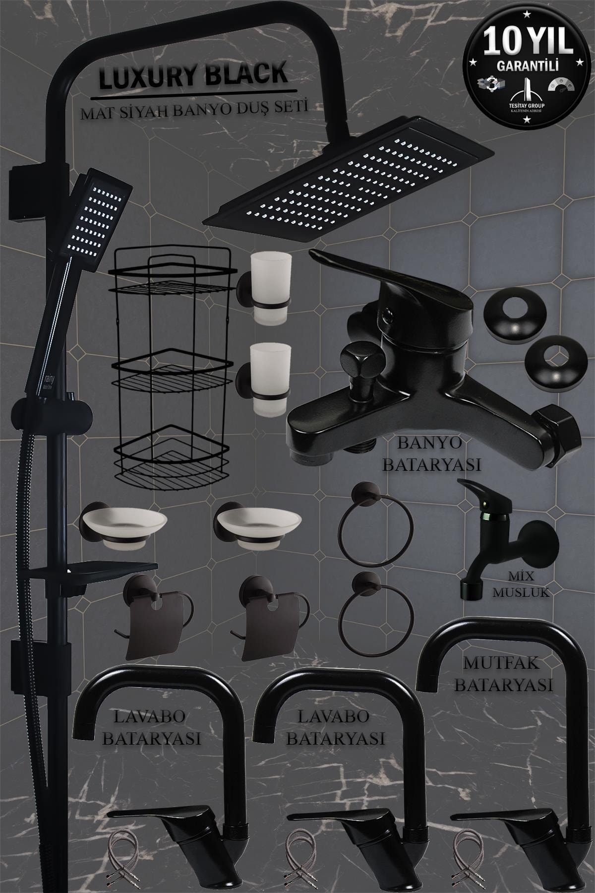 tesitay Siyah Mutfak Lavabo Banyo Bataryası Ve Robot Duş Seti Mat Eviye Duş Musluğu Banyo Duş Seti Musluk