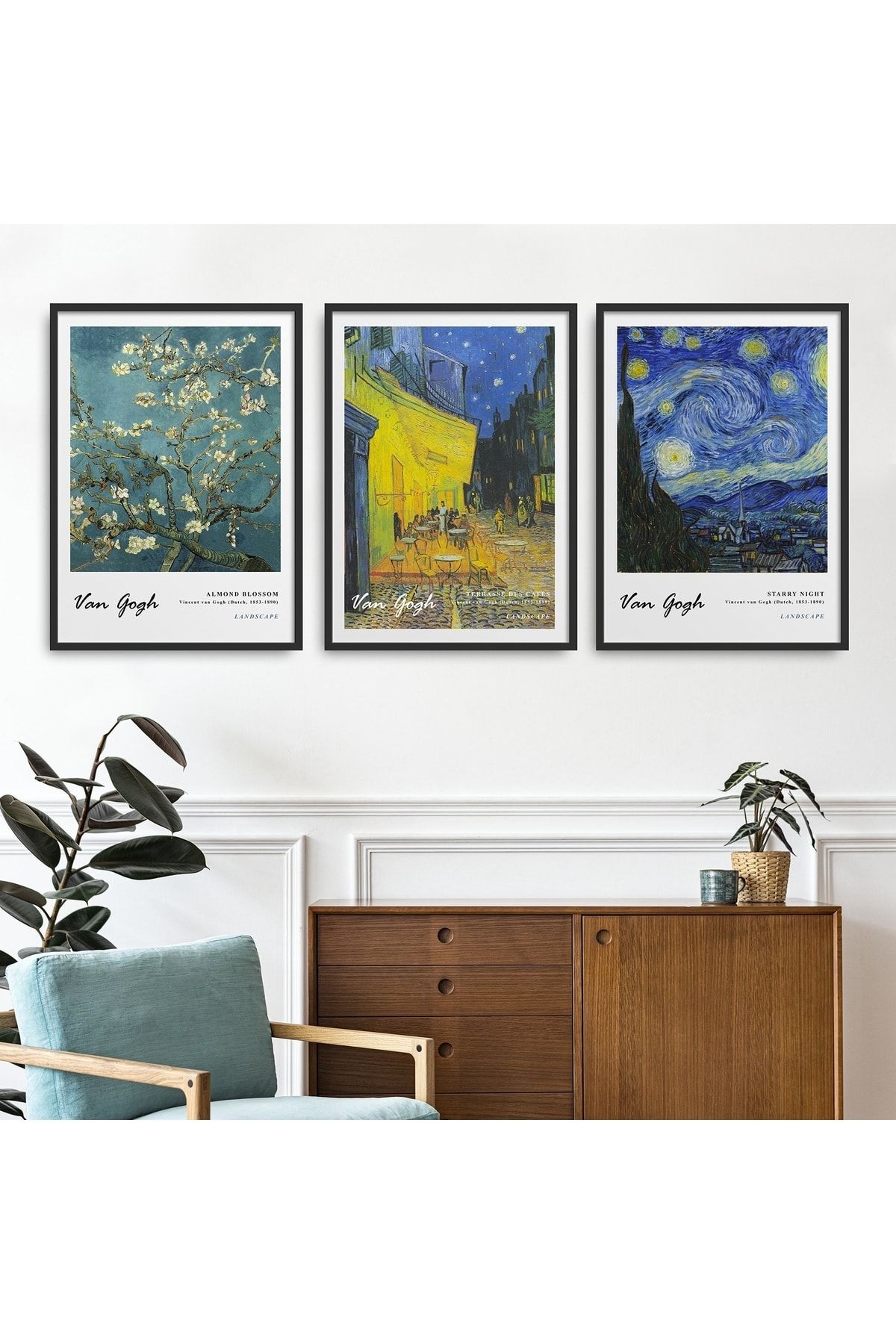 HOMEPACK 3'lü Set Doğal Ahşap Lamine Çerçeveli Klasik Eserler Soyut Vincent Van Gogh 30x40cm 40x60cm Hpn137