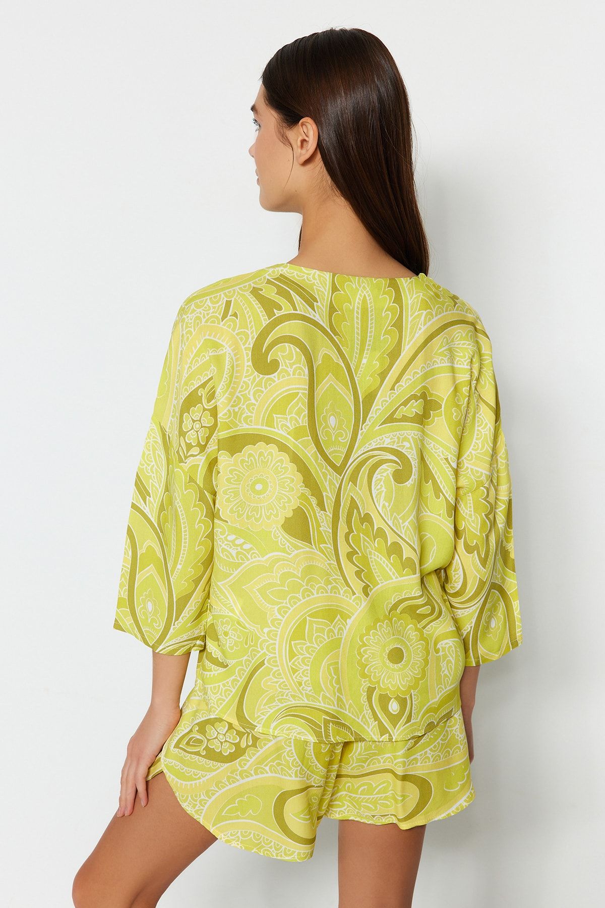 Trendyol Collection-Ethnic Pattern Viscose Pajamas Set - with Binding/Bow Detail, Multicolor Shorts Thmss23Pt00165 7