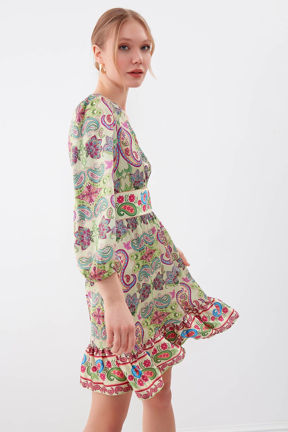 Vitrin V Neck Ethnic Pattern Dress Trendyol