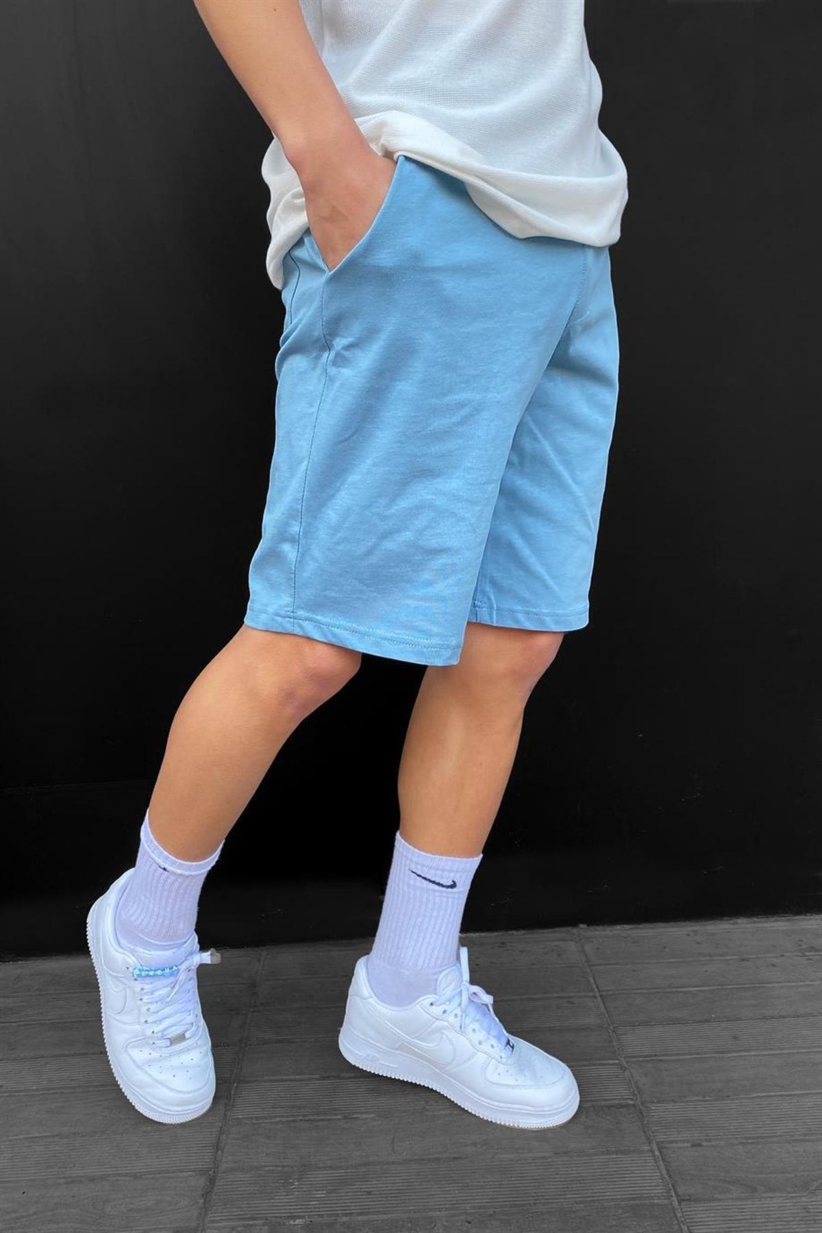 Mens light 2024 blue shorts outfit