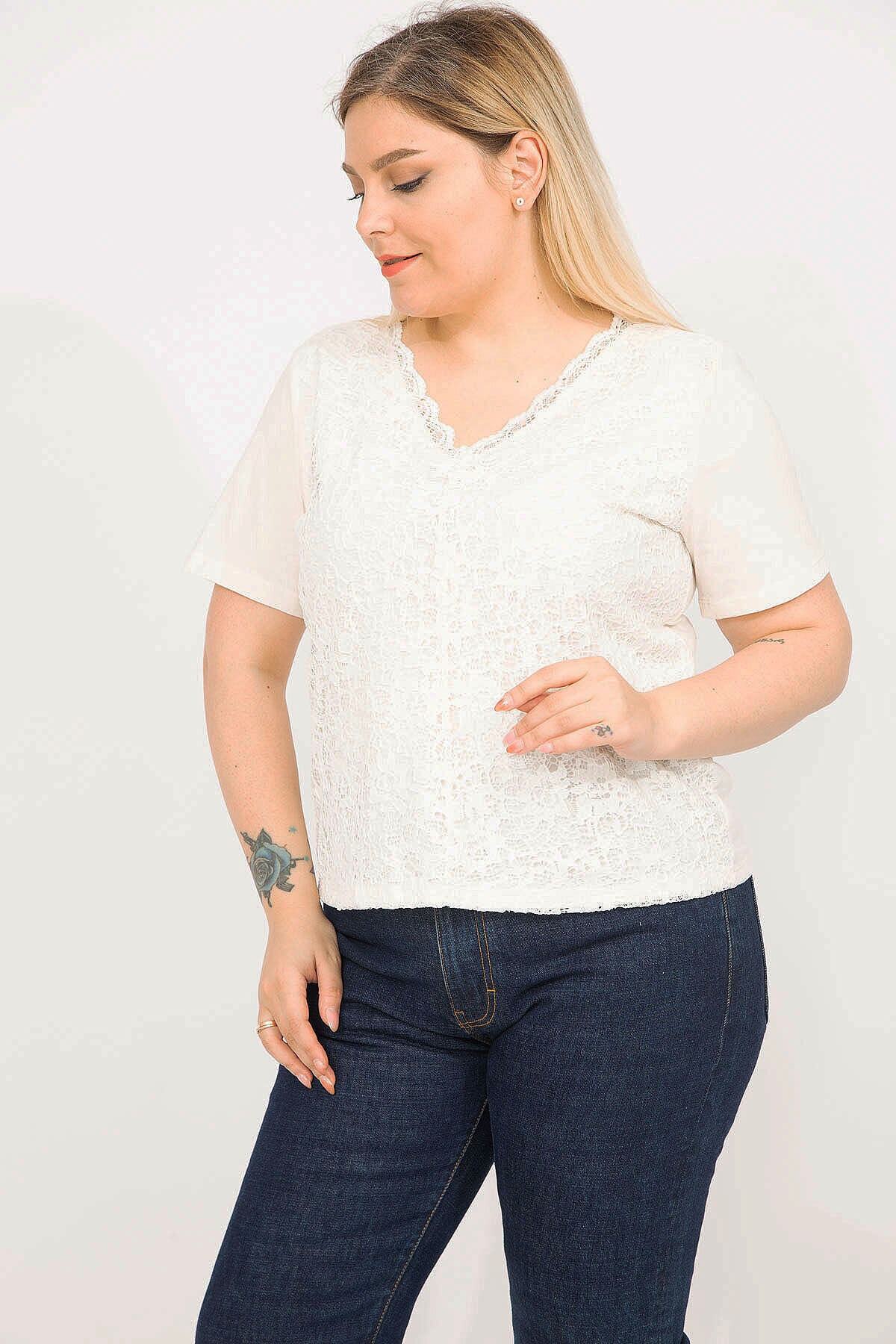 Şans-Γυναικεία Bone Plus Size Βαμβακερό ύφασμα μπλούζα δαντέλα με μπροστινή επένδυση 65n35791 2