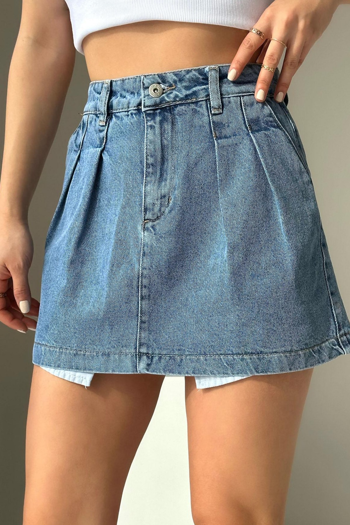 LOOSH Kadın Mavi Pileli Detaylı Jean Mini Etek