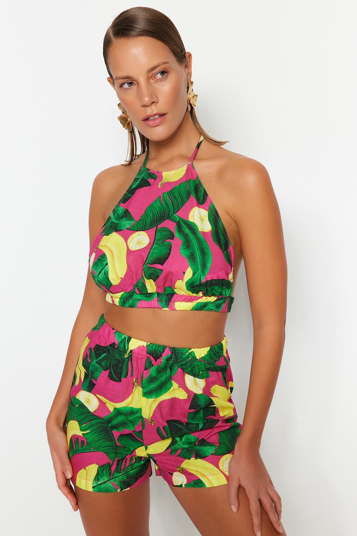 Trendyol Collection-Set de bluze scurte, 100% bumbac, decoltate, țesute cu model tropical TBESS23AU00169 2