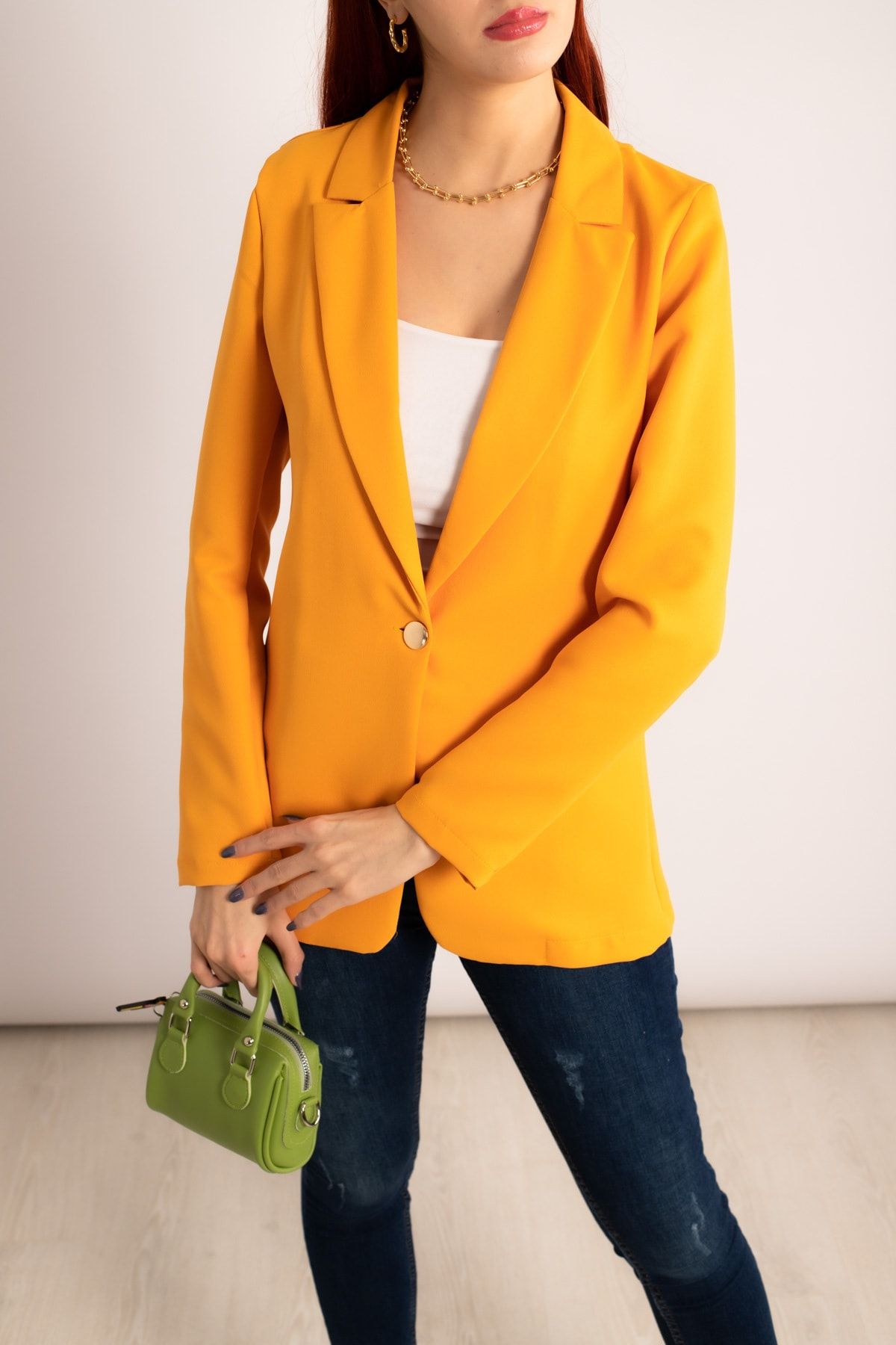 armonika Women s Mustard Single Button Jacket Arm 23y001047 Trendyol
