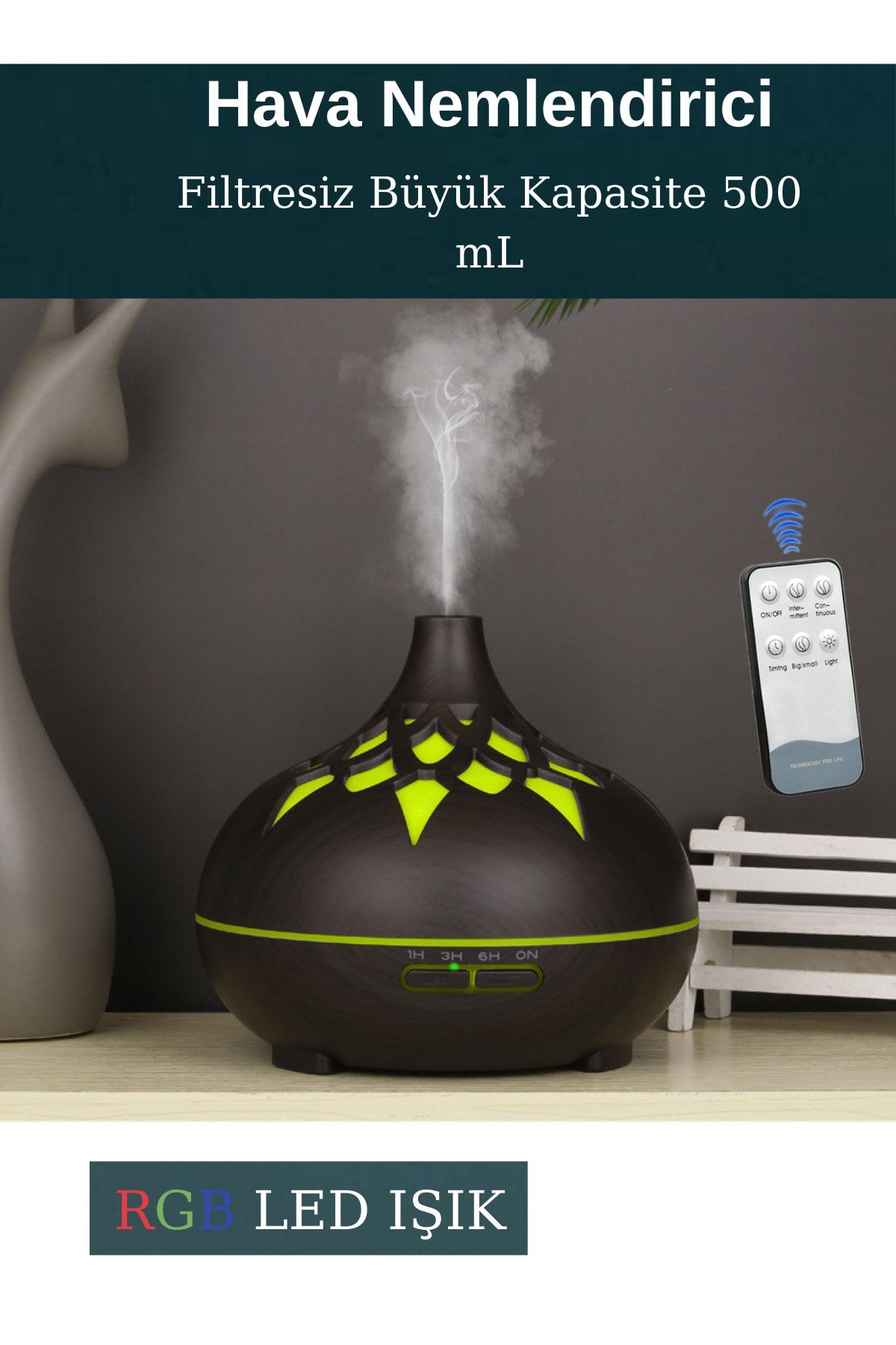 Humidifier Hava Nemlendirici Buhar Makinası Difüzörü Buhar Unik 7 Renk Led Işıklı Filtresiz 300ml Esansiyel