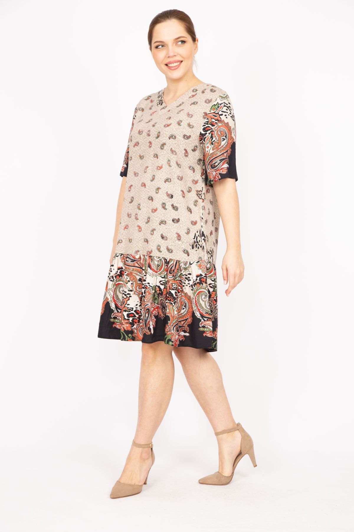 Şans-Women's Mink Plus Size Woven Viscose Fabric Paisley Patterned Dress 65n35834 3