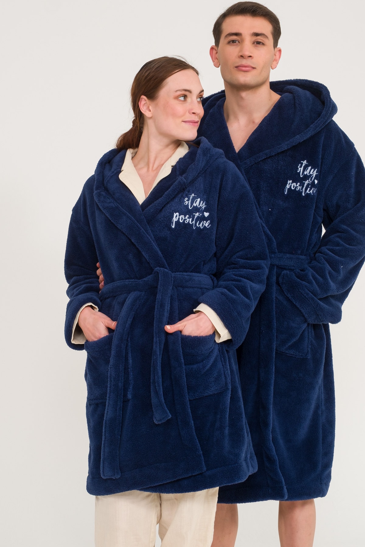 Welsoft Navy Blue Plush Dressing Gown Family Set with Long Hood