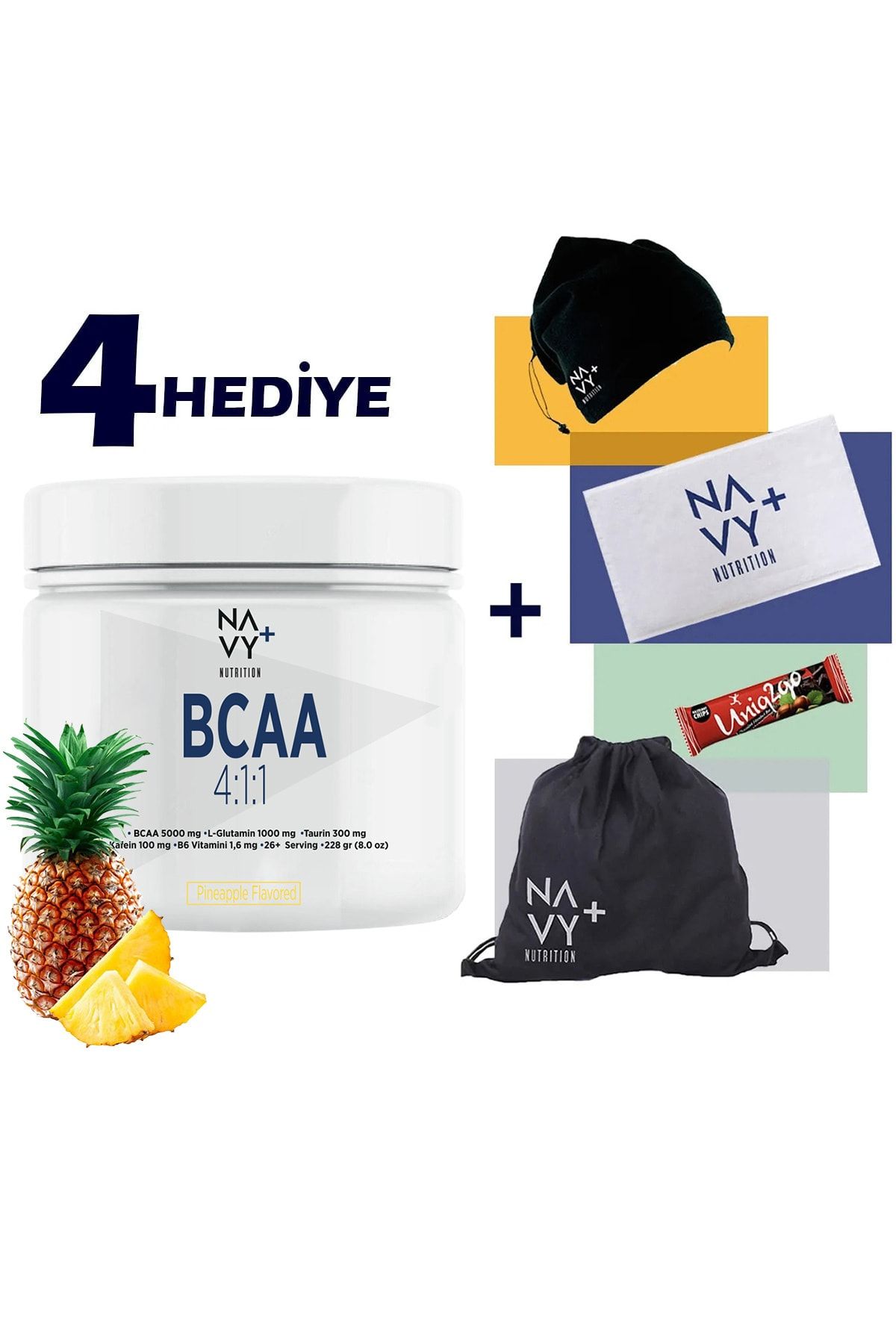 Navy Plus Nutrition BCAA 4:1:1 228 Gr Ananas Aromalı + Askılı Çanta + Havlu + Bere + Protein Bar