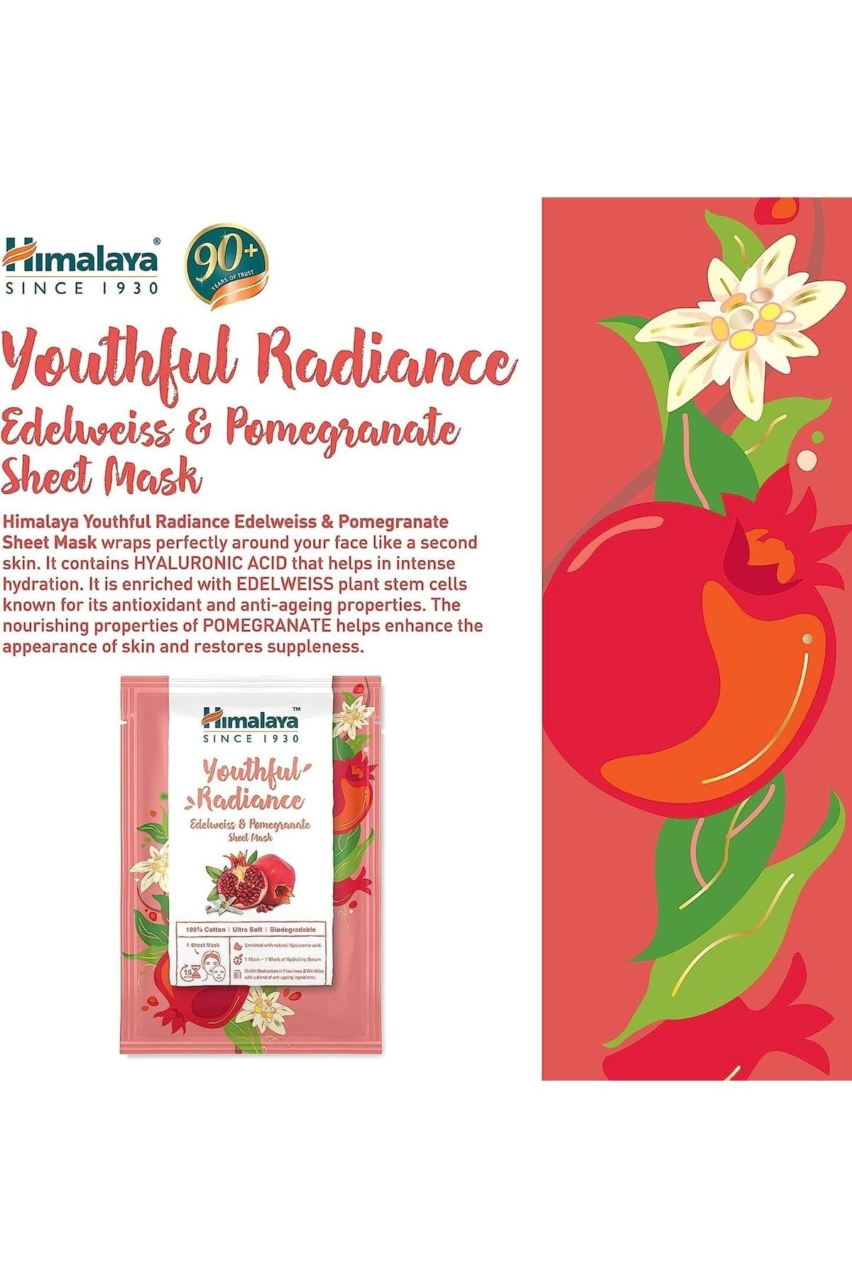 Himalaya Kırışık Karşıtı Kağıt Maske, Edelweiss, Nar, Hyaluronik Asit, %100 Pamuk, Tüm Ciltler, 30 Gr ZO10302