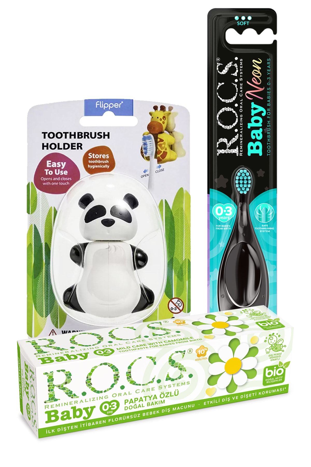 R.O.C.S. Baby Neon Turkuaz Komple Ağız Bakım Seti - Papatya Macun + Neon Fırçası +panda Saklama Kabı