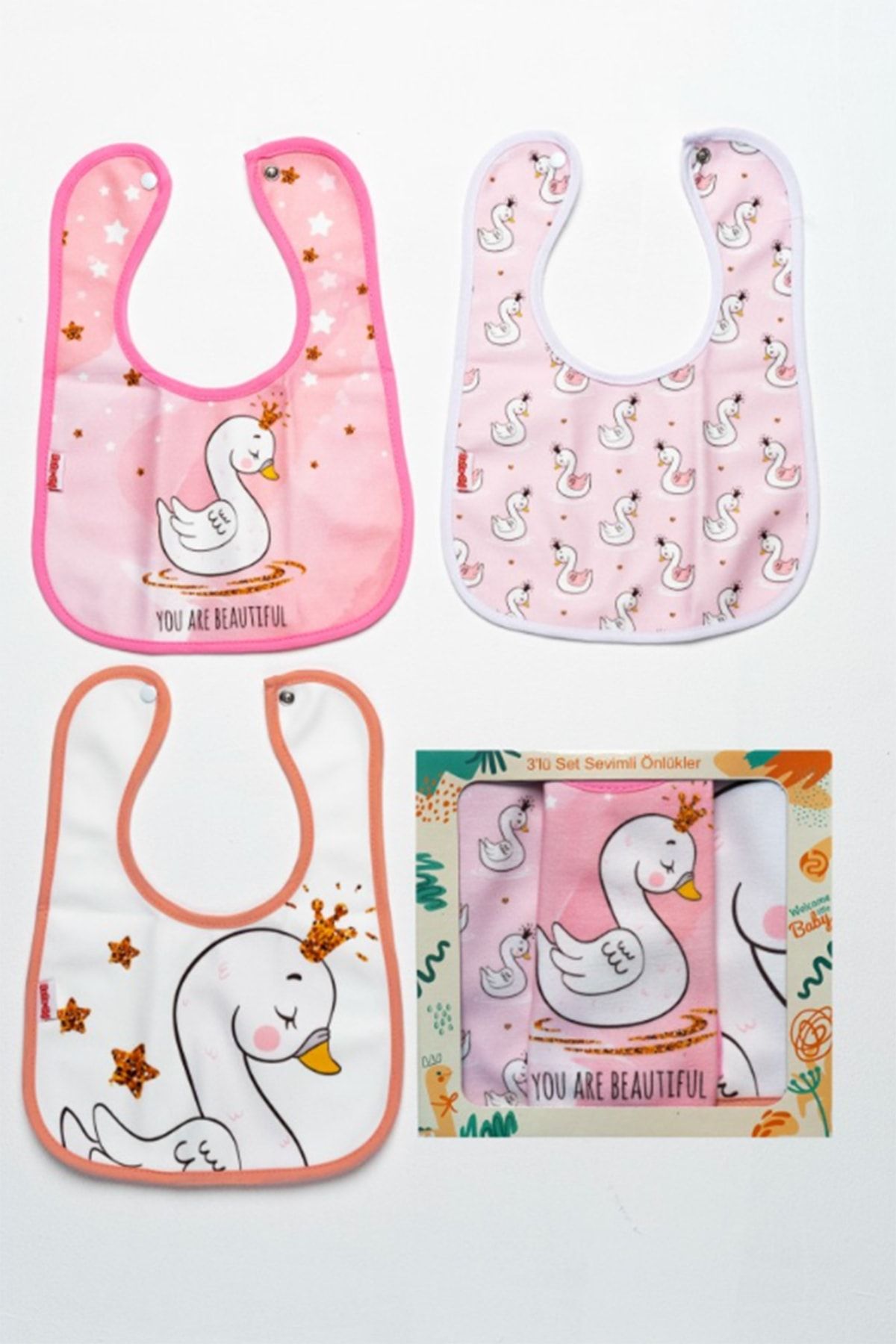 flandoly 3'lü Kuğu Desenli Microfiber %100 Pamuk Sıvı Geçirmez Mama Önlüğü Bebek Fular Su Geçirmez Önlük