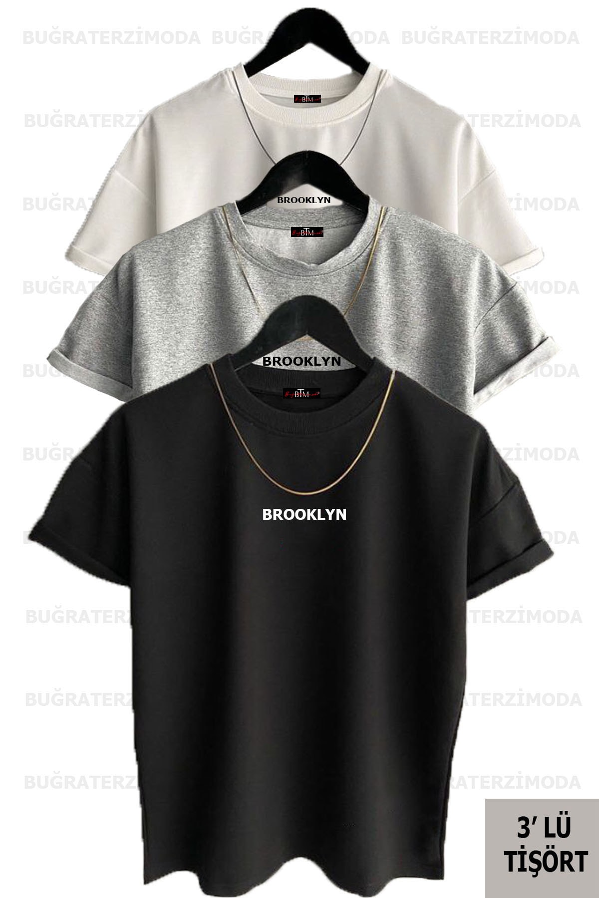 Buğraterzimoda Brooklyn Baskılı Unisex Siyah-beyaz-gri (bol Kalıp) Oversize 3'lü T-shirt Paketi