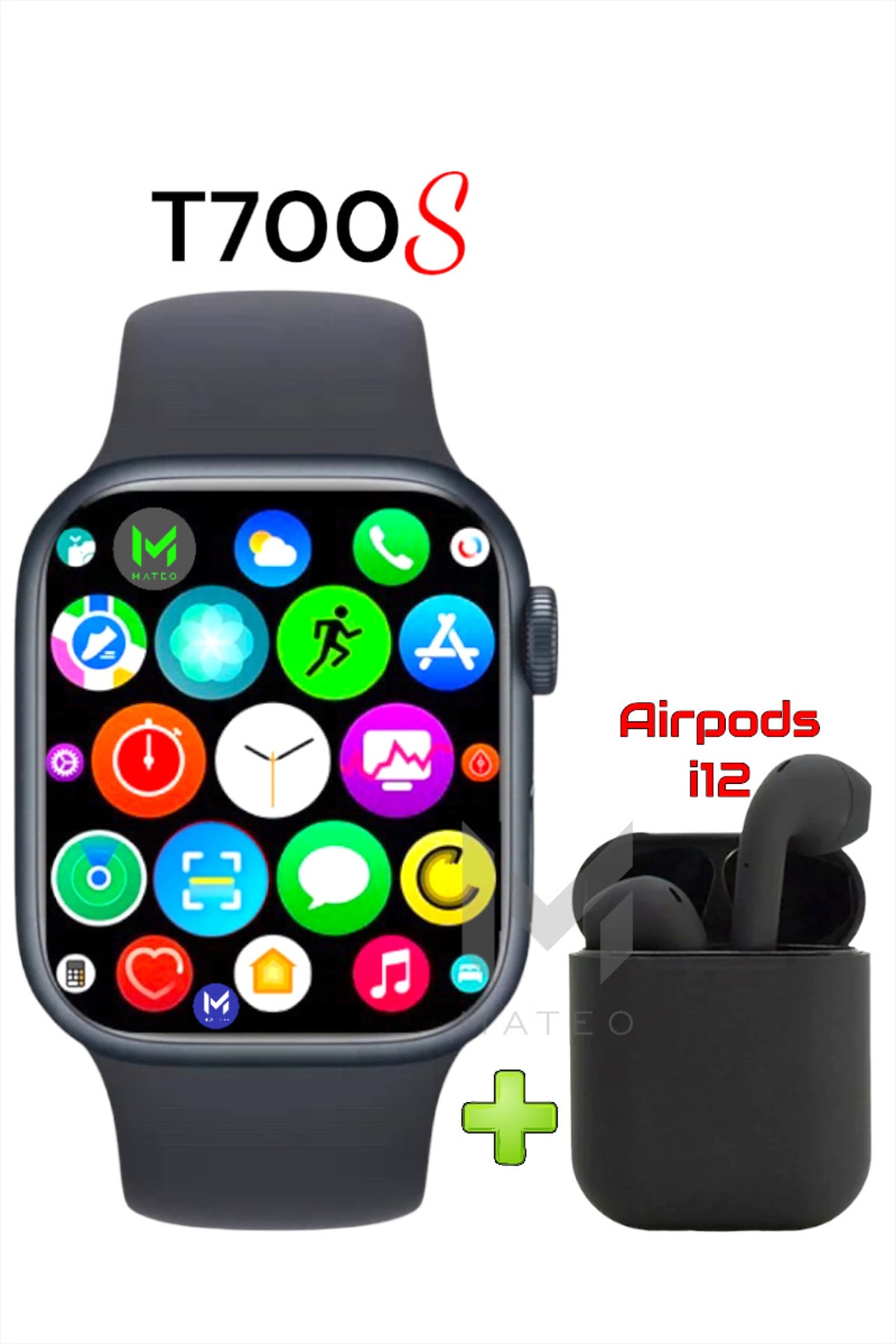 MATEO Akıllı Saat T700s + Airpods I12 Uyumlu Kablosuz Kulaklık Ikili Siyah Set Ios Android Smartwatch
