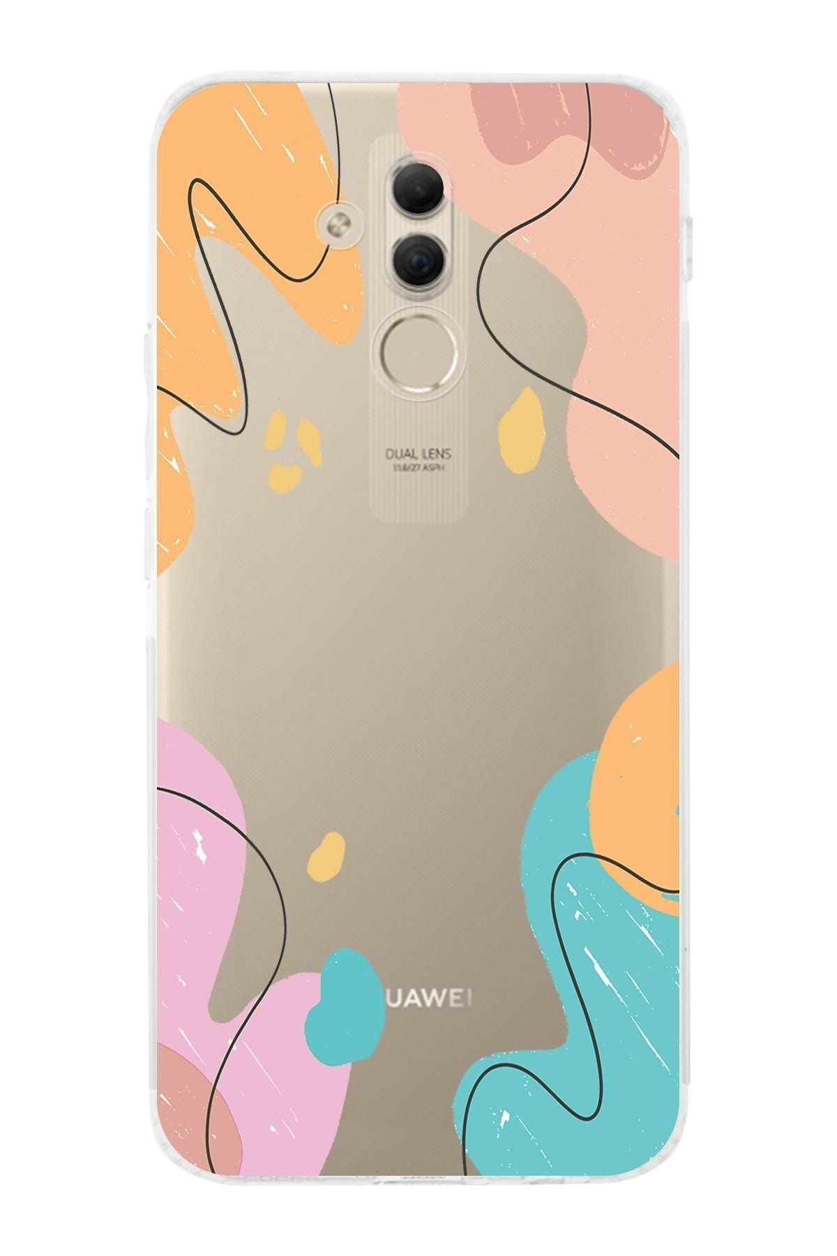 Huawei Mate 20 Lite Uyumlu Kamera Korumalı Kapak Karışık Renkler Tasarımlı Şeffaf Kılıf