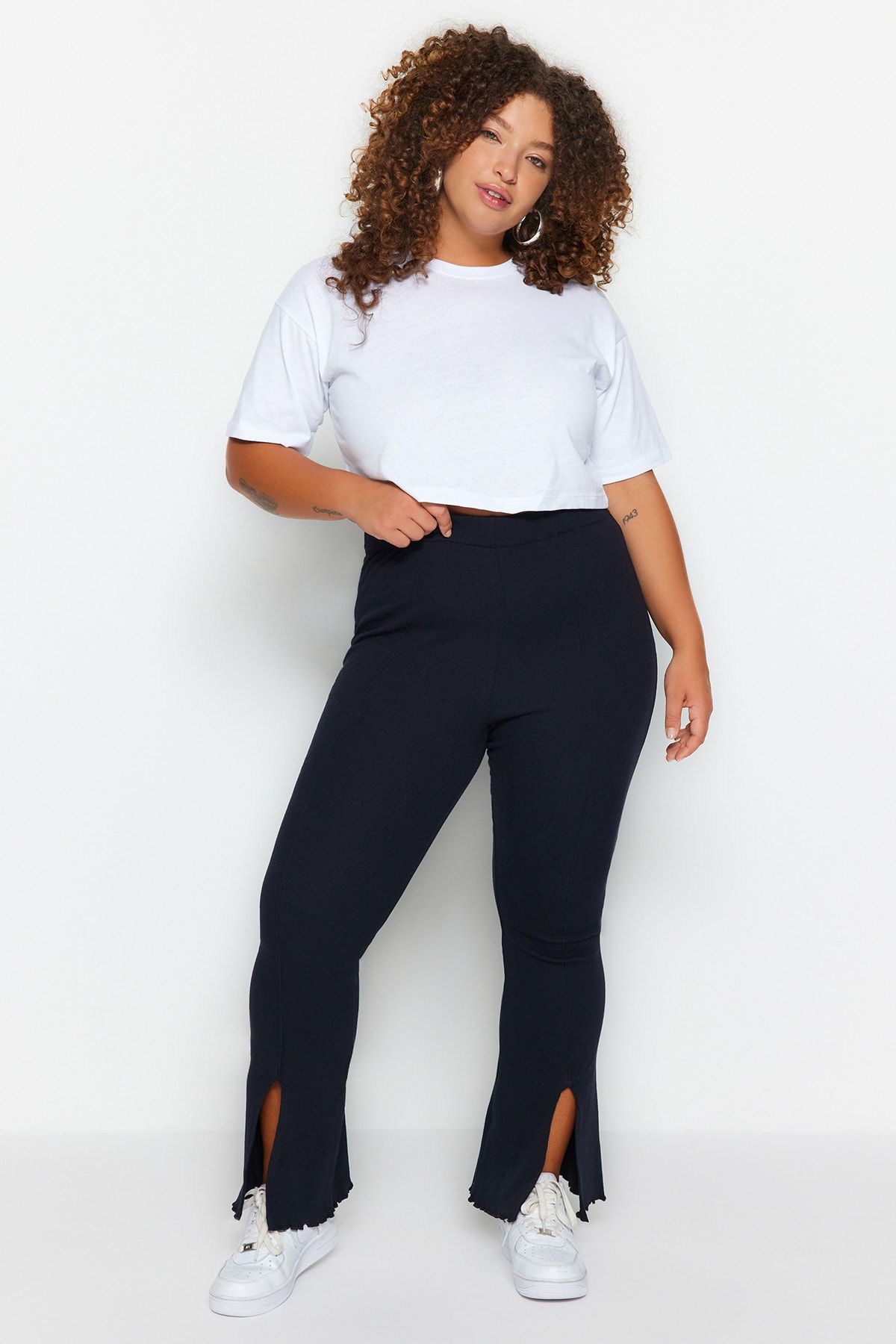 Plus Size Business Casual Pants, Women's Plus Solid Elastic High * Medium  Stretch Straight Leg Trousers With Pockets