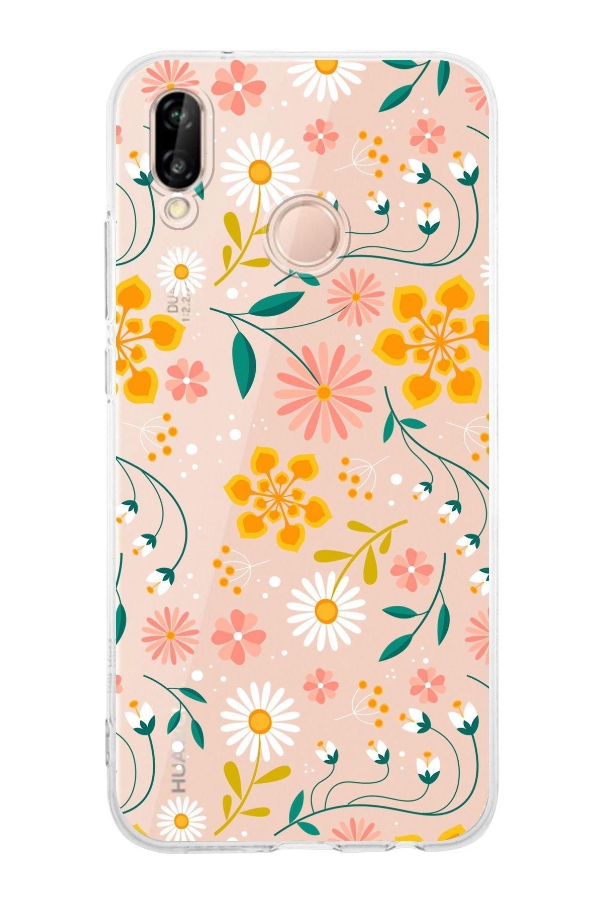 Huawei P20 Lite Uyumlu Kamera Korumalı Kapak Çiçek Tasarımlı Şeffaf Kılıf