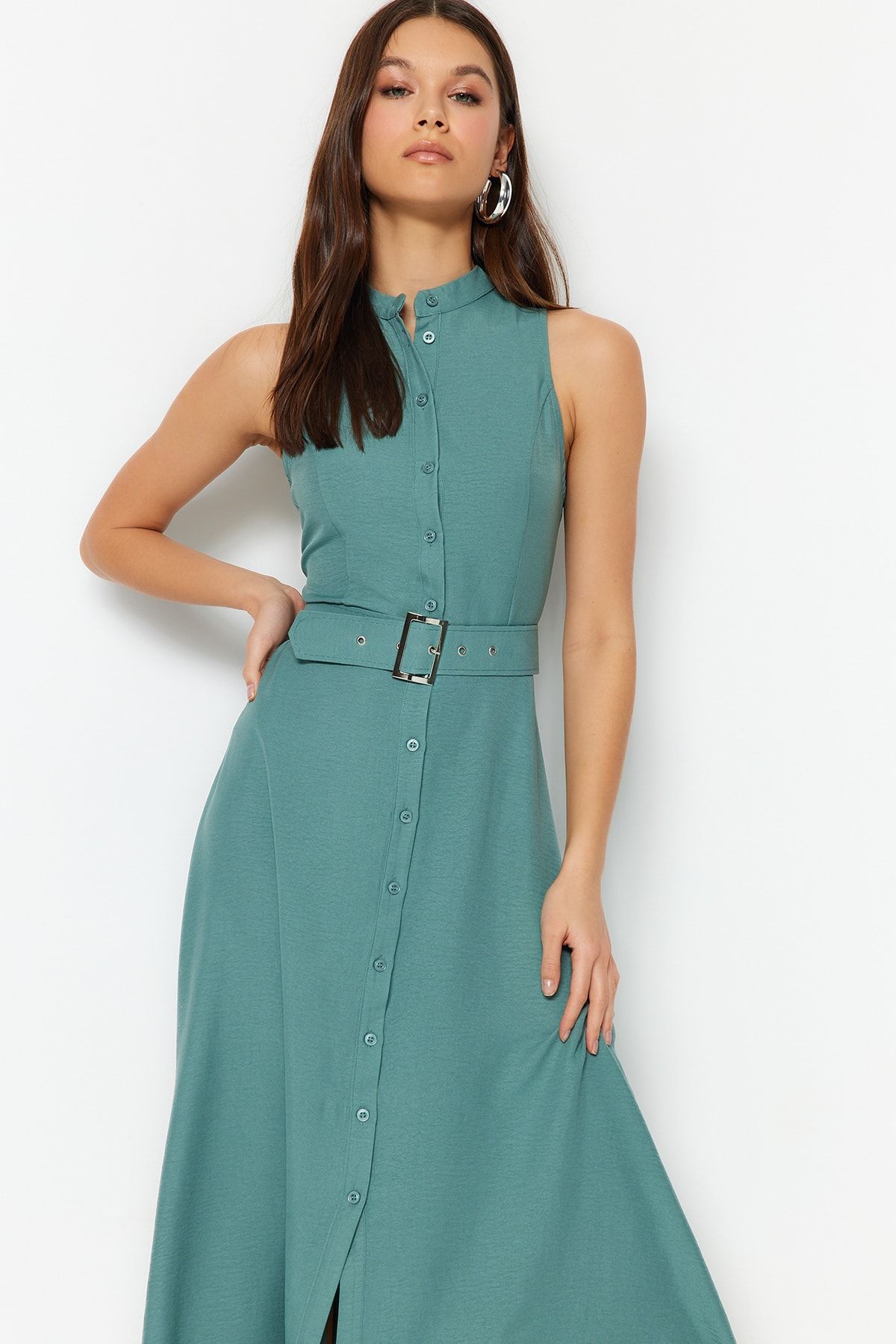 Trendyol Collection-Φόρεμα μίντι υφαντό πουκάμισο με ζώνη δυόσμου TWOSS23EL01628 3