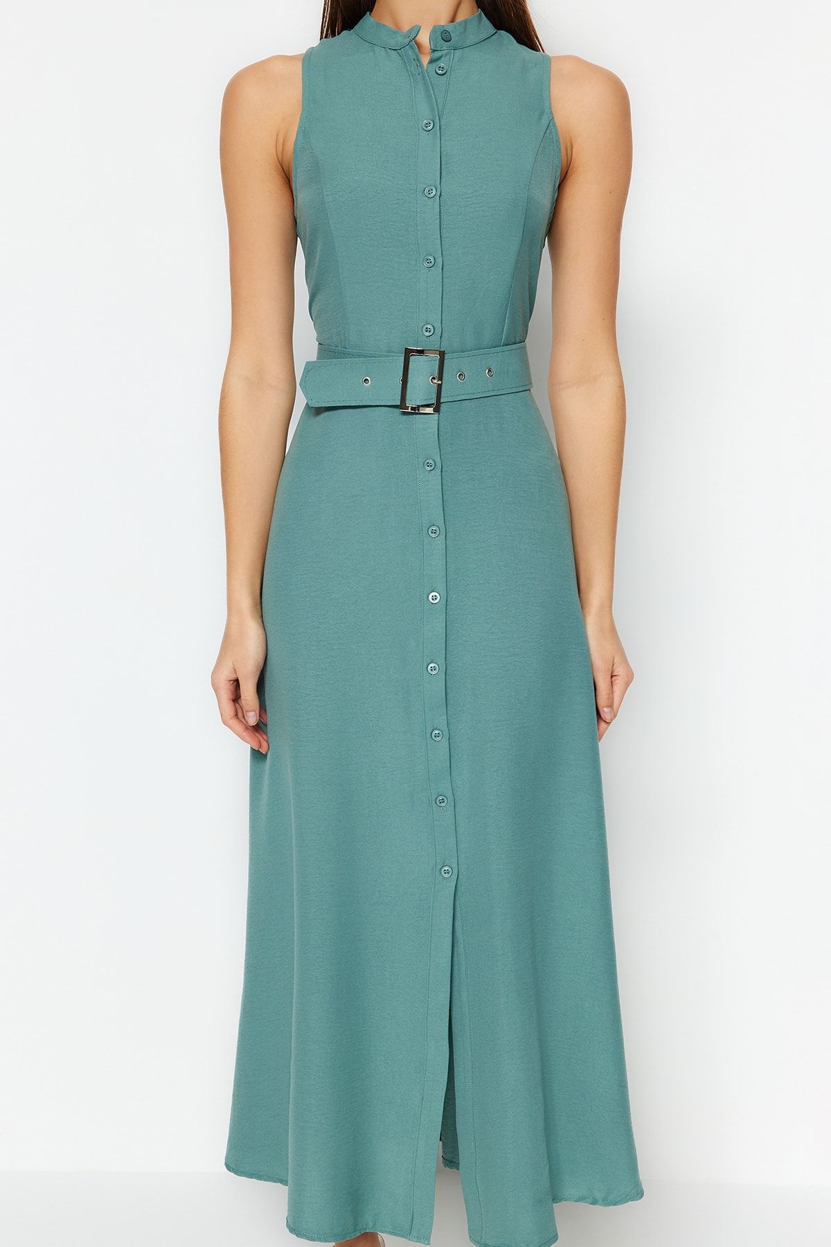 Trendyol Collection-Φόρεμα μίντι υφαντό πουκάμισο με ζώνη δυόσμου TWOSS23EL01628 4