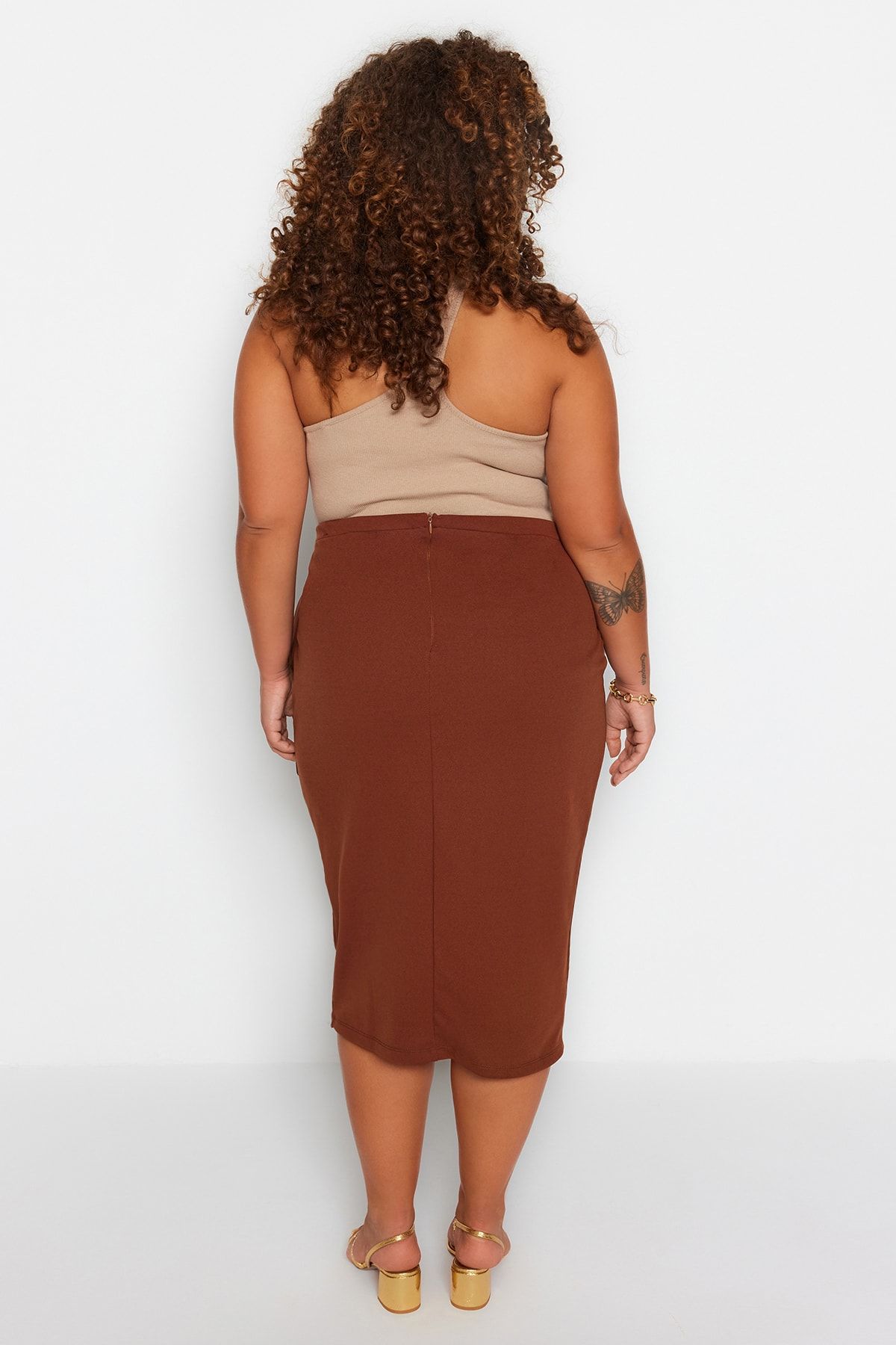 Trendyol Curve Brown Belted Knitted Slit Detailed Skirt