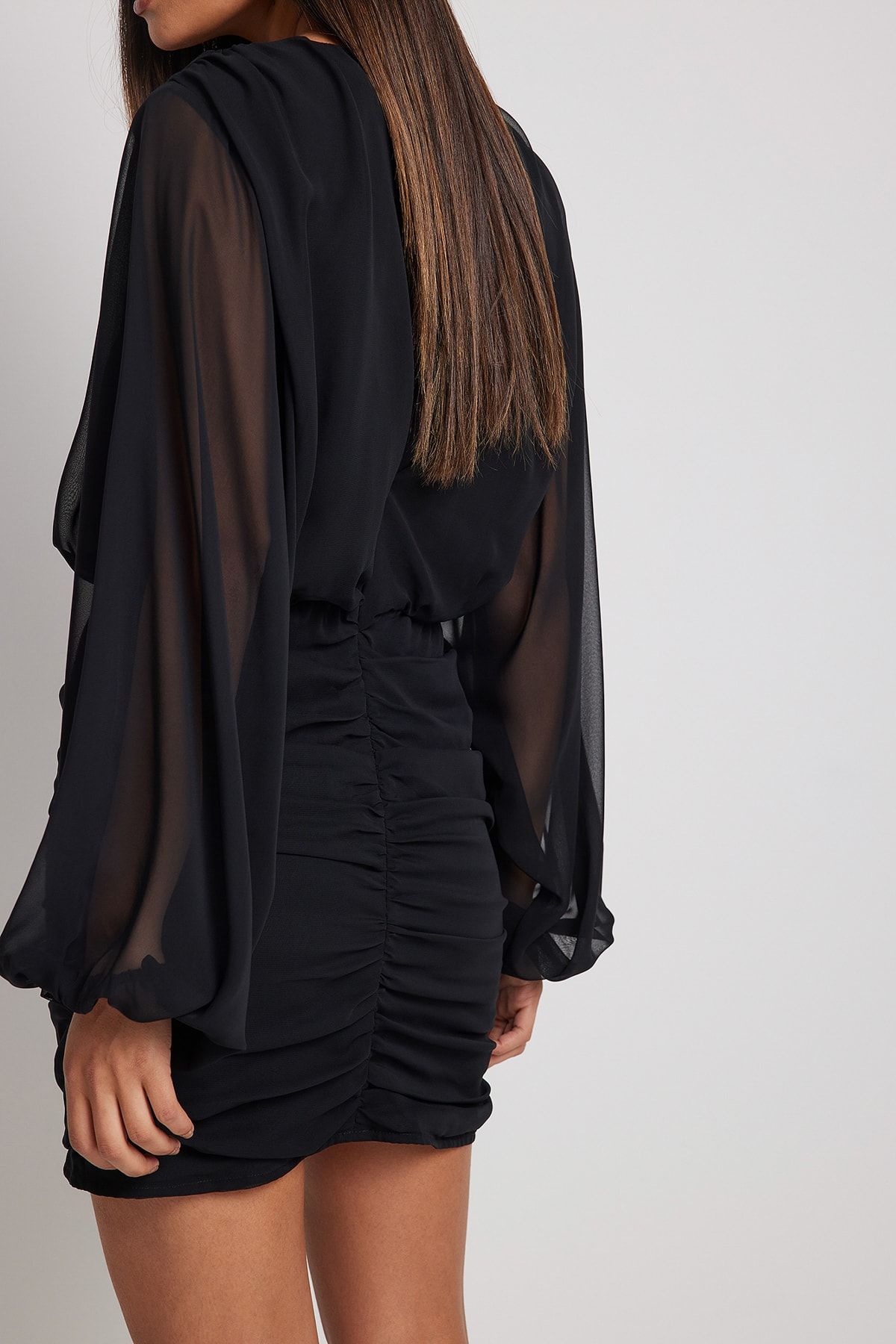 Black Long Sleeve Chiffon Ruched Bodycon Dress