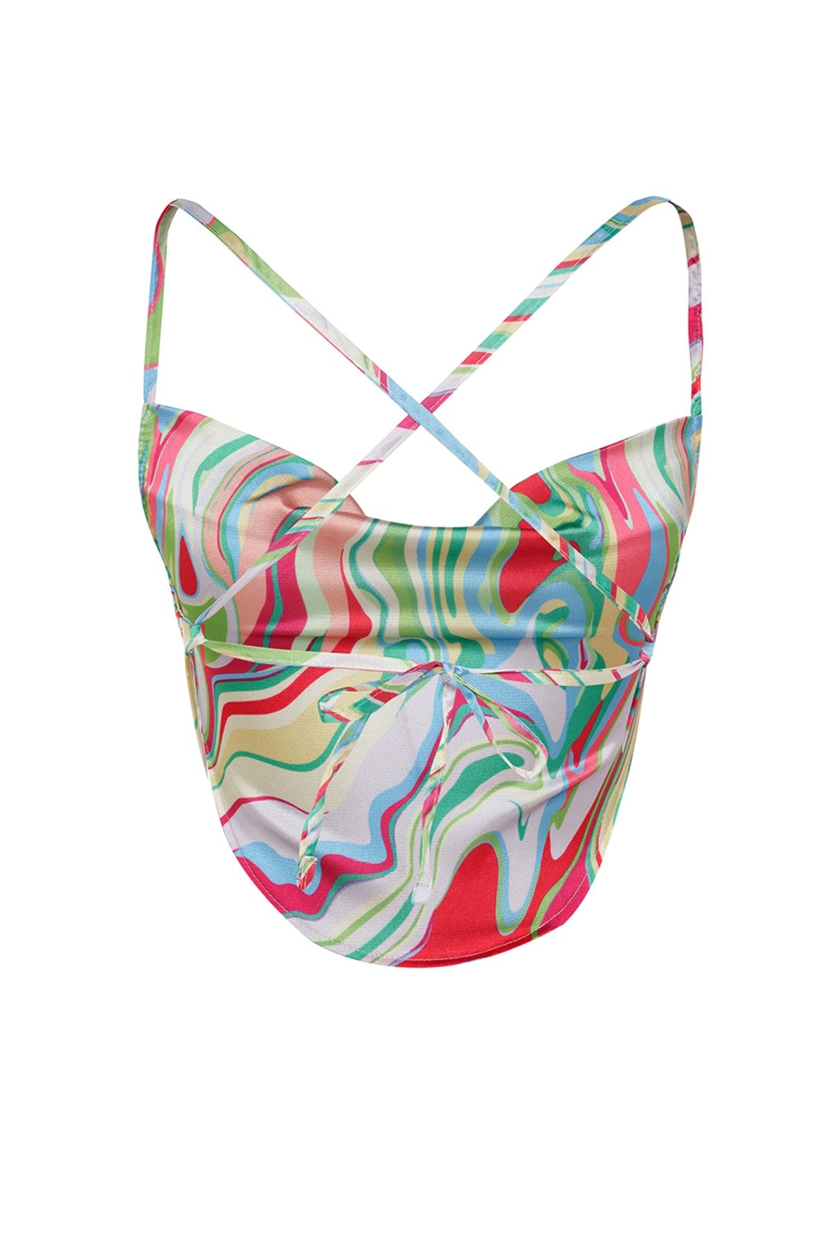 Trendyol Collection-Limitierte Auflage, grüne Bluse mit gewebtem Rücken und Bindedetail aus Satin mit Batikmuster TWOSS21BZ1903 8