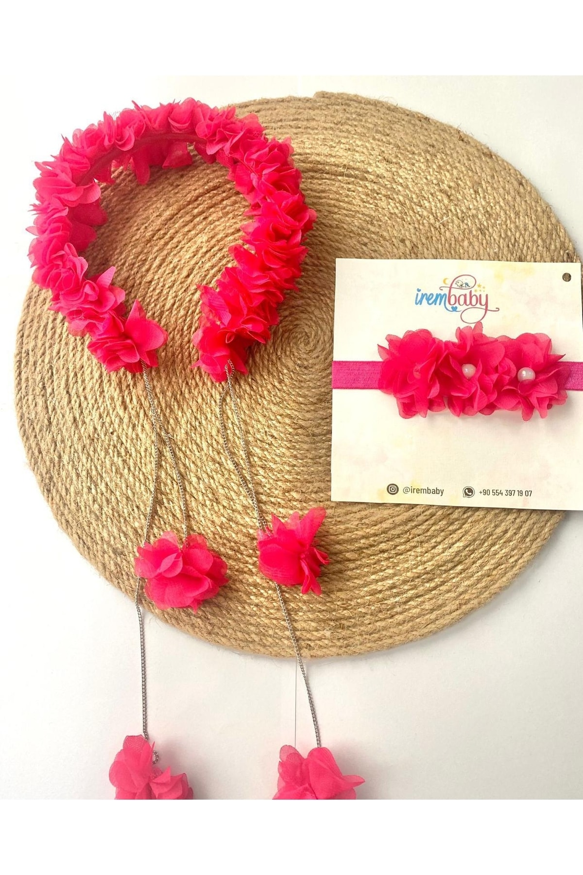 irembaby Anne Bebek Lohusa Seti Fuşya Sarkan Küpeli Çiçekli Lohusa Tacı Ve Bebek Saç Bandı Lohusa Takımı fotoğrafı 2 (önizleme)